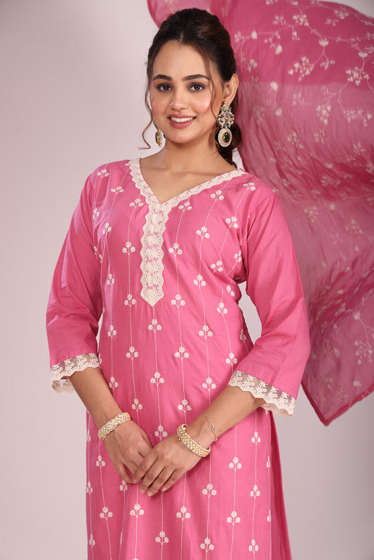 Magenta Lucknowi Cotton Kurti Set with Pant & Dupatta – 3 Pc