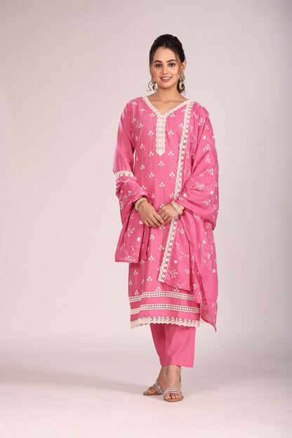 Magenta Lucknowi Cotton Kurti Set with Pant & Dupatta – 3 Pc
