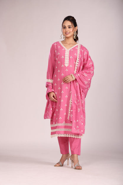 Magenta Lucknowi Cotton Kurti Set with Pant & Dupatta – 3 Pc