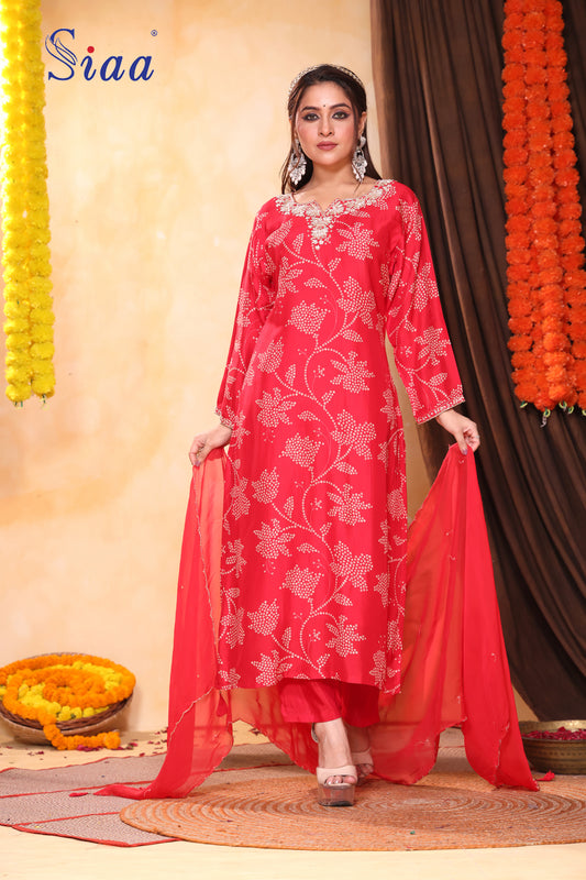 PF8405 Red Kurta Bandhej Ethnic Clothing Festive Collection Hand Embroidery Kurta Sets Printed Silk