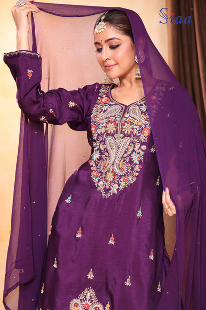 PF8446A - Purple 42 , Kurta , Ethnic Clothing Festive Collection Hand Embroidery Shararas Silk Trending Collection