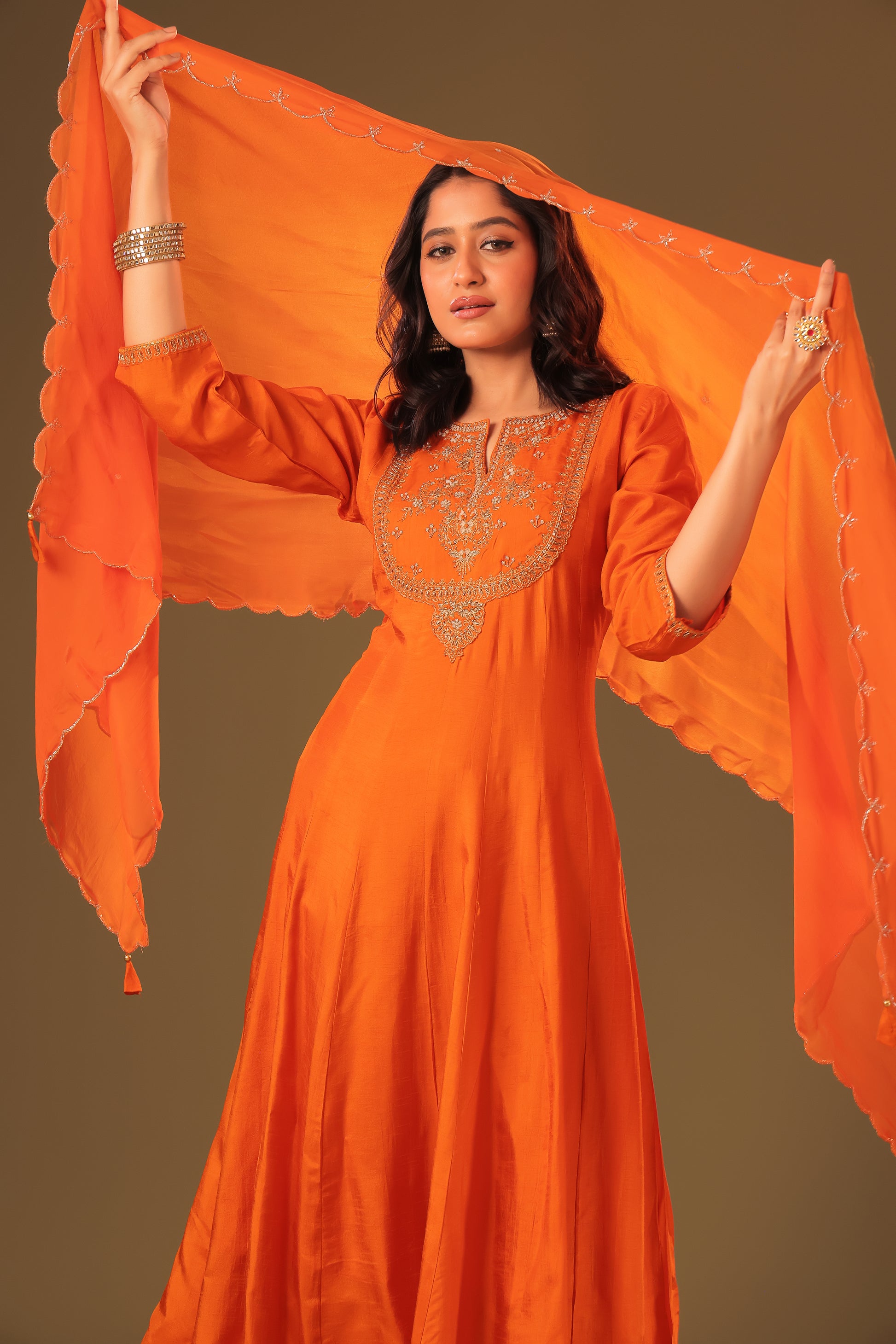 PF8450B - Orange , , Anarkali Ethnic Clothing Festive Collection fresh Release Hand Embroidery Kurta Sets Silk Trending Collection