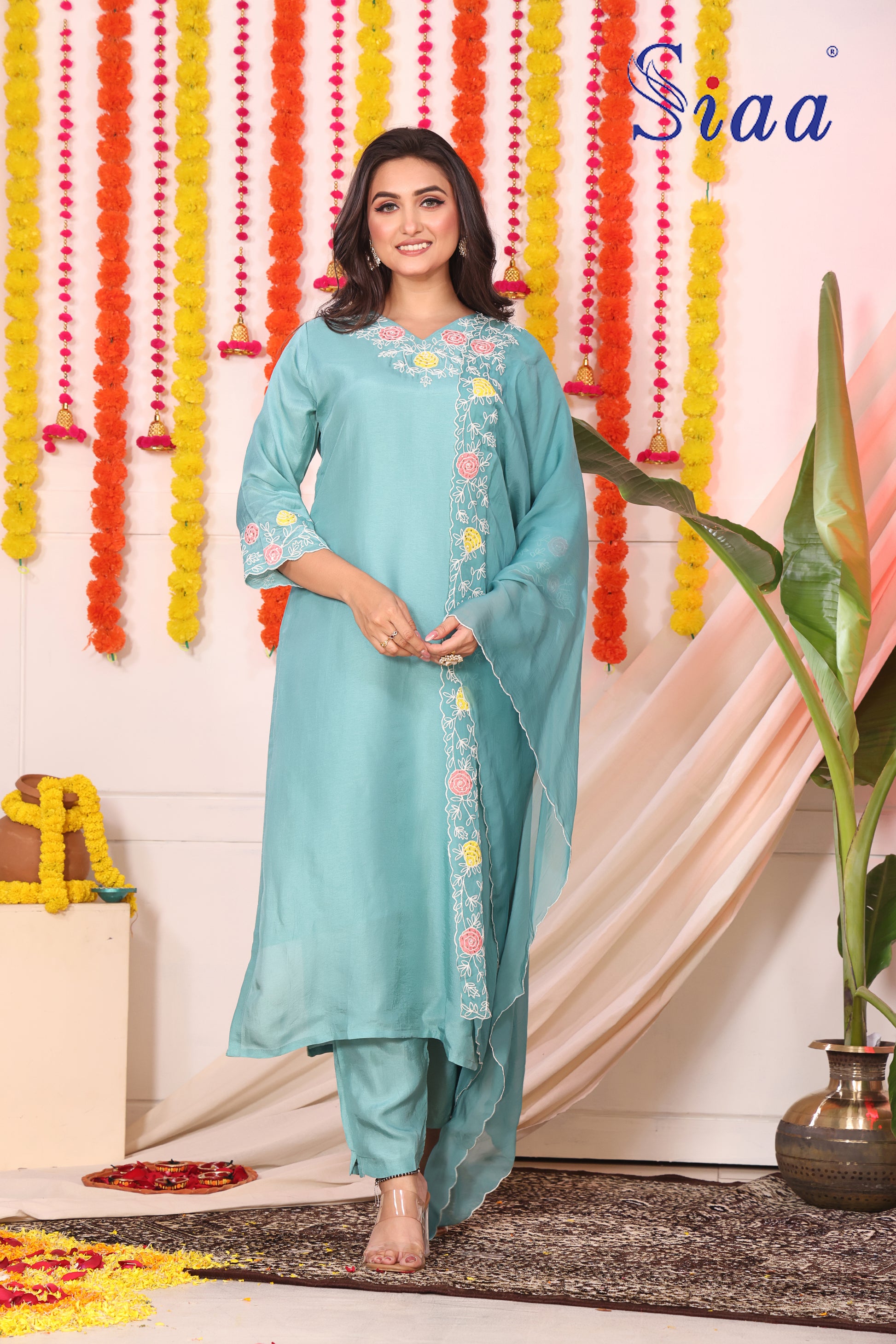 PF8454 Ethnic Clothing Festive Collection Hand Embroidery Kurta Sets Silk