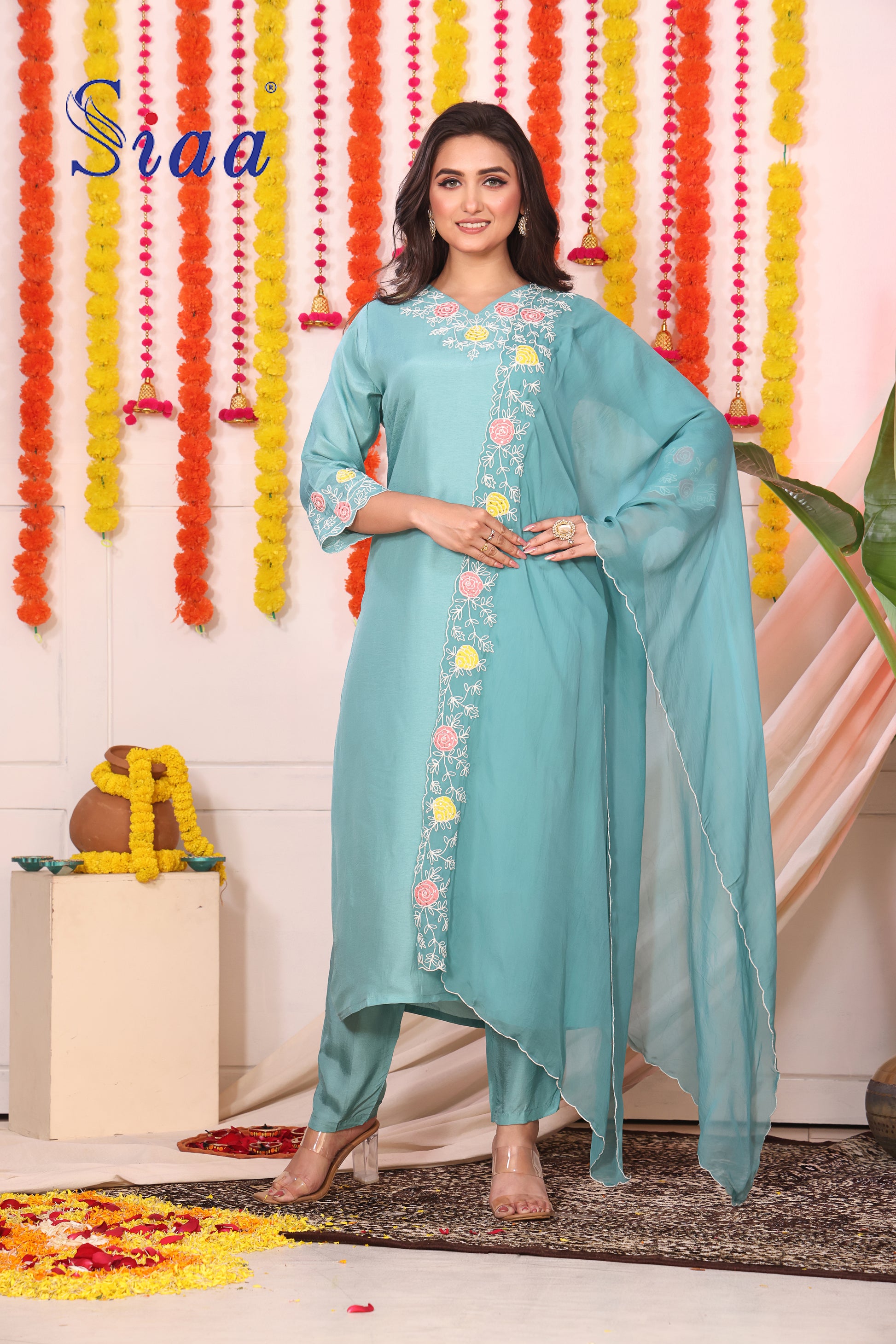 PF8454 Ethnic Clothing Festive Collection Hand Embroidery Kurta Sets Silk