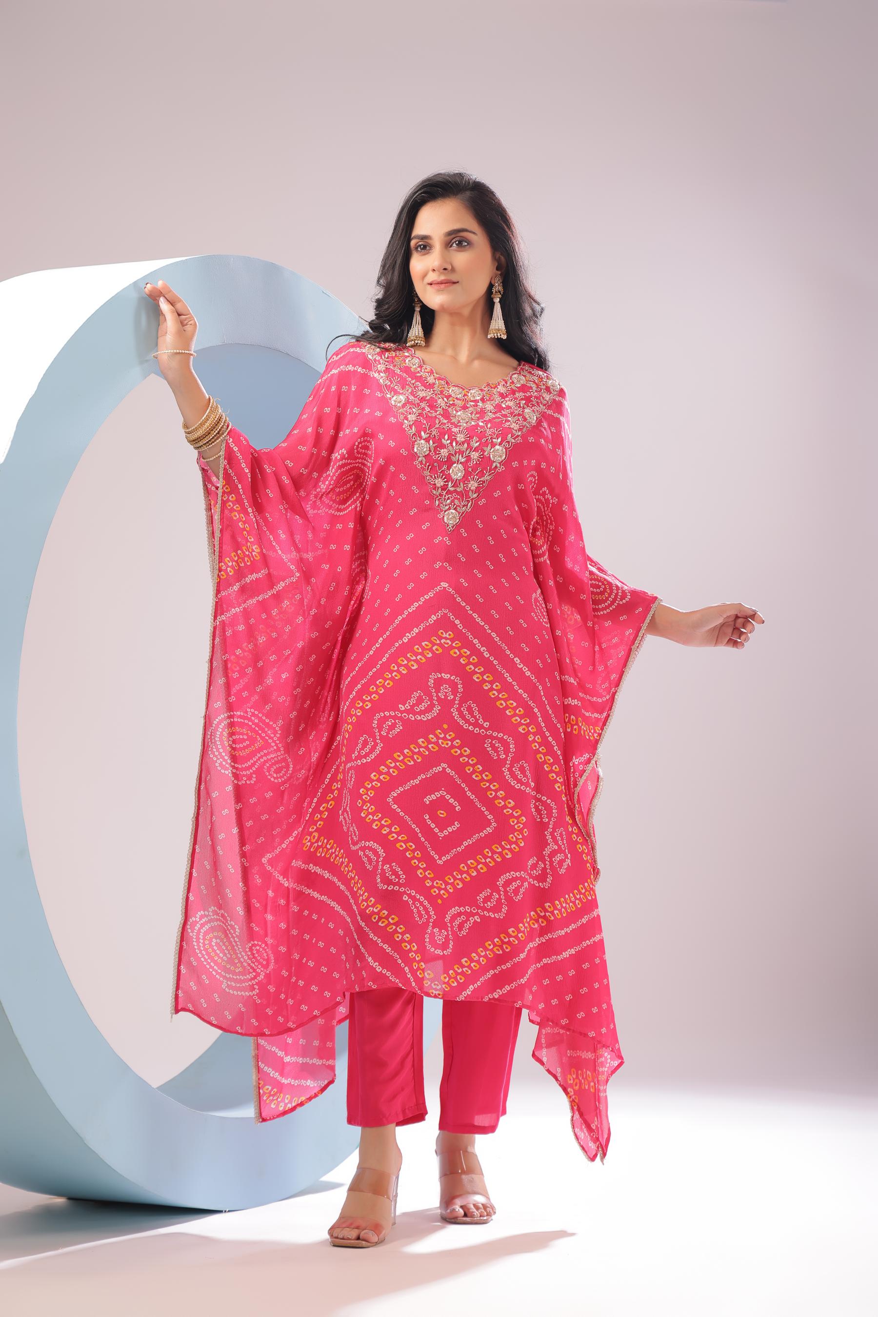 PF8473 rani Kurta Bandhej Ethnic Clothing Festive Collection Hand Embroidery KAFTAN Kurta Sets Printed Silk