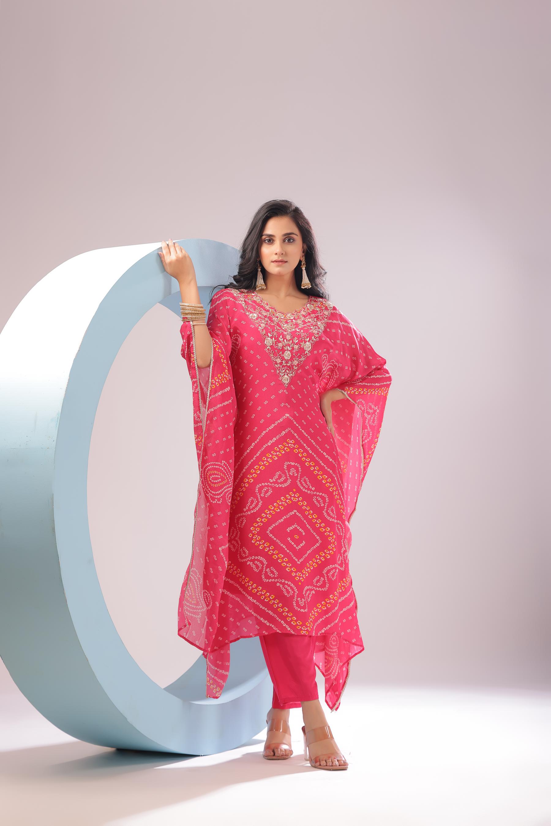 PF8473 Kurta Bandhej Ethnic Clothing Festive Collection Hand Embroidery KAFTAN Kurta Sets Printed Silk