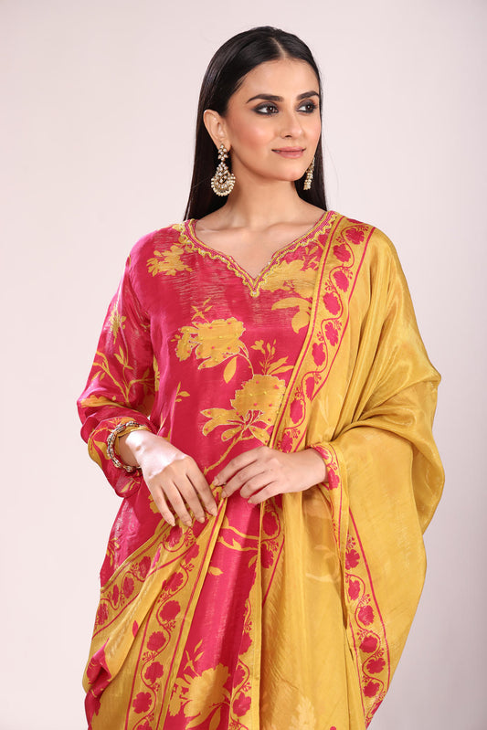 Rani Hand-Embroidered Kurti Set with Pant & Dupatta – Silk/Organza, 3 Pc