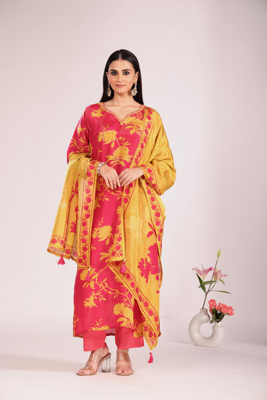 Rani Hand-Embroidered Kurti Set with Pant & Dupatta – Silk/Organza, 3 Pc