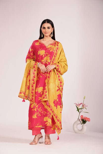 Rani Hand-Embroidered Kurti Set with Pant & Dupatta – Silk/Organza, 3 Pc