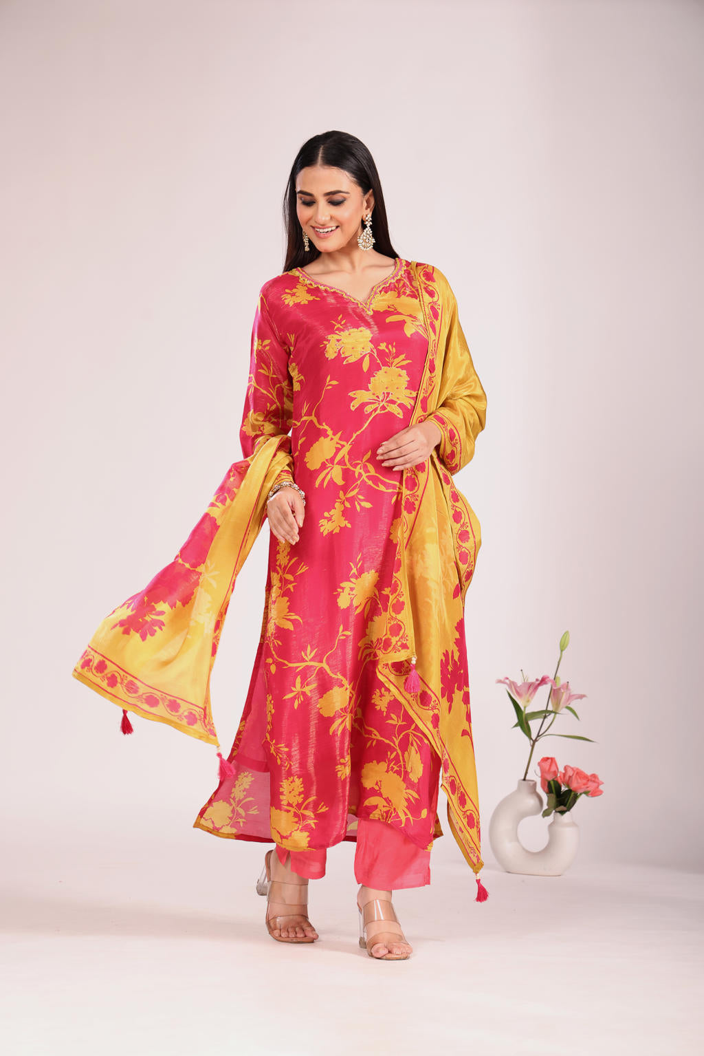 Rani Hand-Embroidered Kurti Set with Pant & Dupatta – Silk/Organza, 3 Pc