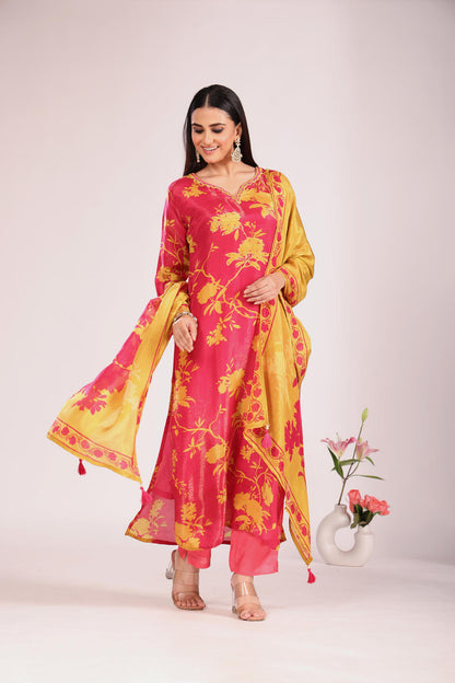 Rani Hand-Embroidered Kurti Set with Pant & Dupatta – Silk/Organza, 3 Pc