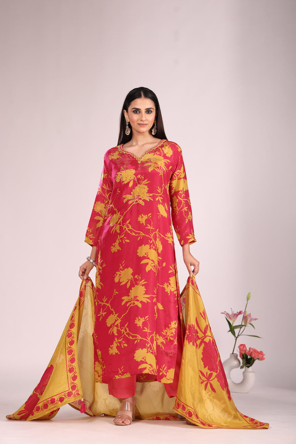 Rani Hand-Embroidered Kurti Set with Pant & Dupatta – Silk/Organza, 3 Pc