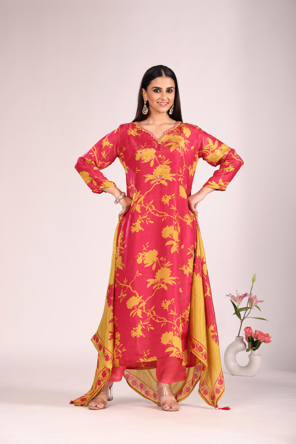 Rani Hand-Embroidered Kurti Set with Pant & Dupatta – Silk/Organza, 3 Pc