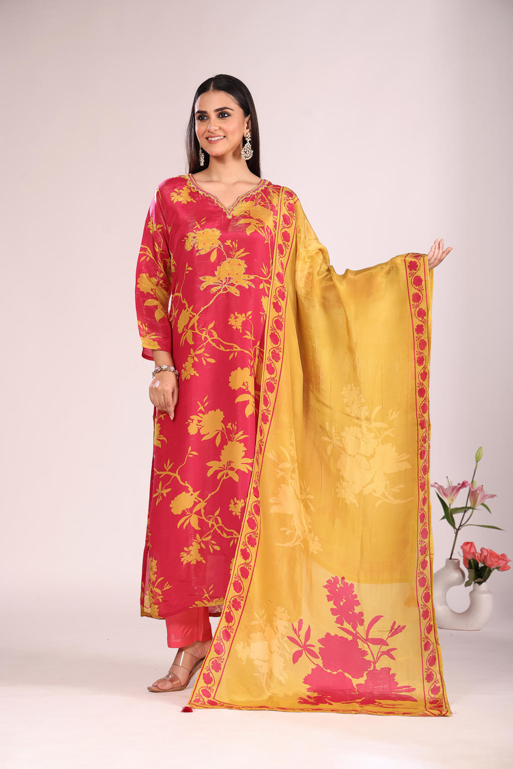 Rani Hand-Embroidered Kurti Set with Pant & Dupatta – Silk/Organza, 3 Pc