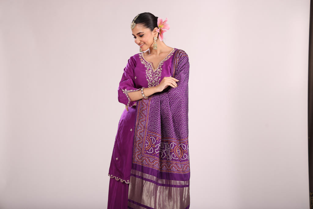 Bandhej Printed Silk Kurti Set with Sharara & Dupatta – Hand Embroidery, 3 Pc