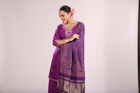 Bandhej Printed Silk Kurti Set with Sharara & Dupatta – Hand Embroidery, 3 Pc