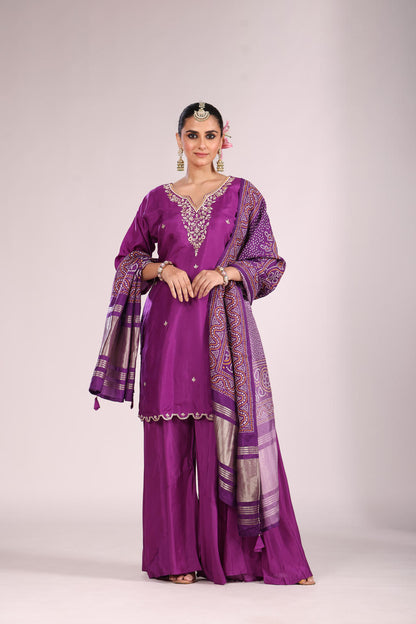 Bandhej Printed Silk Kurti Set with Sharara & Dupatta – Hand Embroidery, 3 Pc