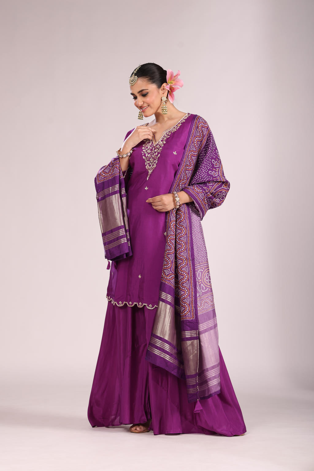 Bandhej Printed Silk Kurti Set with Sharara & Dupatta – Hand Embroidery, 3 Pc
