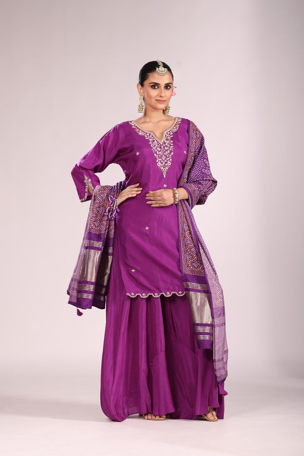 Bandhej Printed Silk Kurti Set with Sharara & Dupatta – Hand Embroidery, 3 Pc