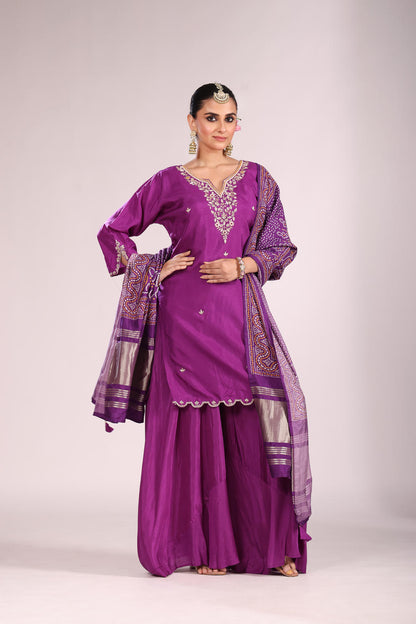 Bandhej Printed Silk Kurti Set with Sharara & Dupatta – Hand Embroidery, 3 Pc