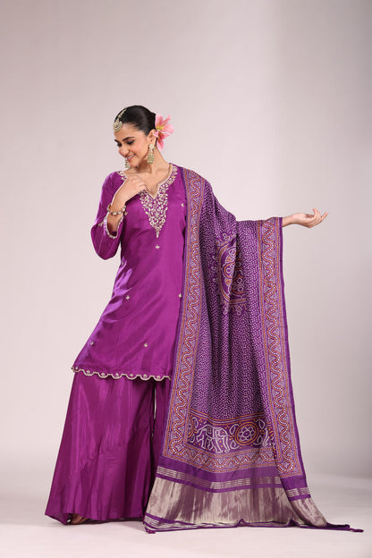 Bandhej Printed Silk Kurti Set with Sharara & Dupatta – Hand Embroidery, 3 Pc