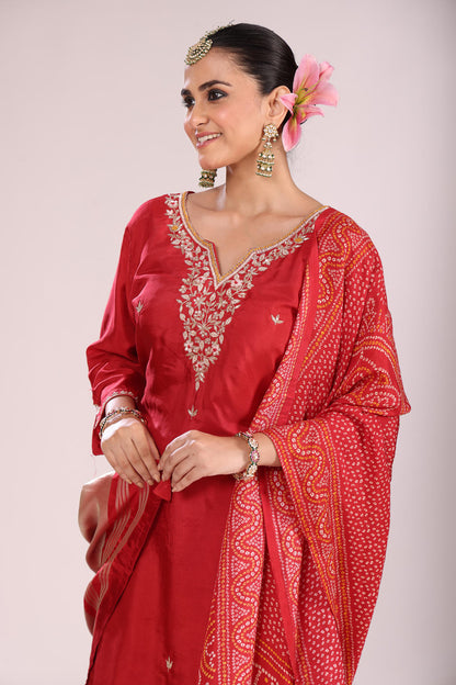Bandhej Printed Silk Kurti Set with Sharara & Dupatta – Hand Embroidery, 3 Pc