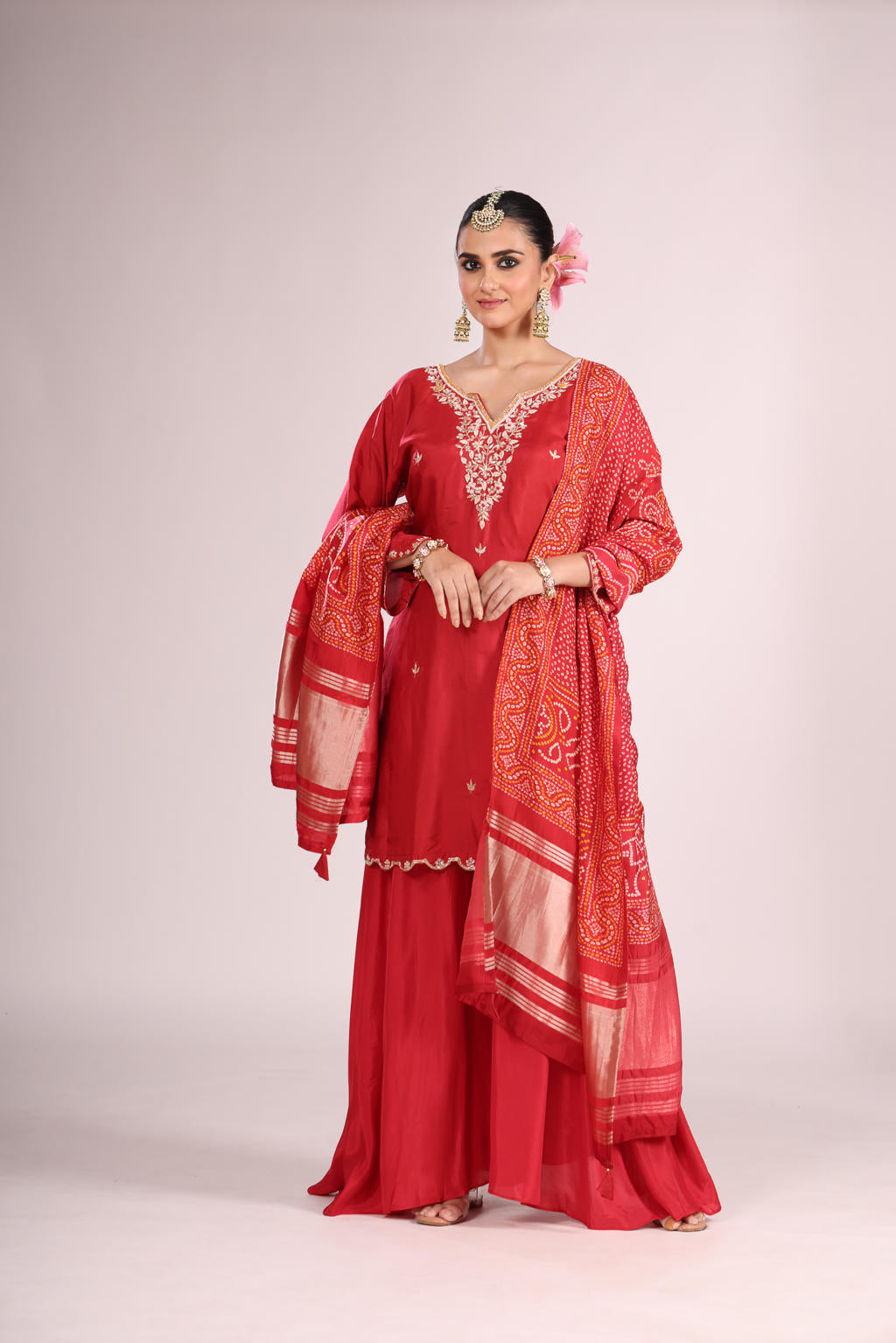 Bandhej Printed Silk Kurti Set with Sharara & Dupatta – Hand Embroidery, 3 Pc