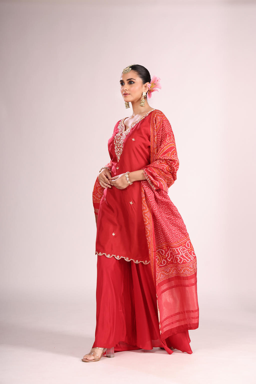 Bandhej Printed Silk Kurti Set with Sharara & Dupatta – Hand Embroidery, 3 Pc