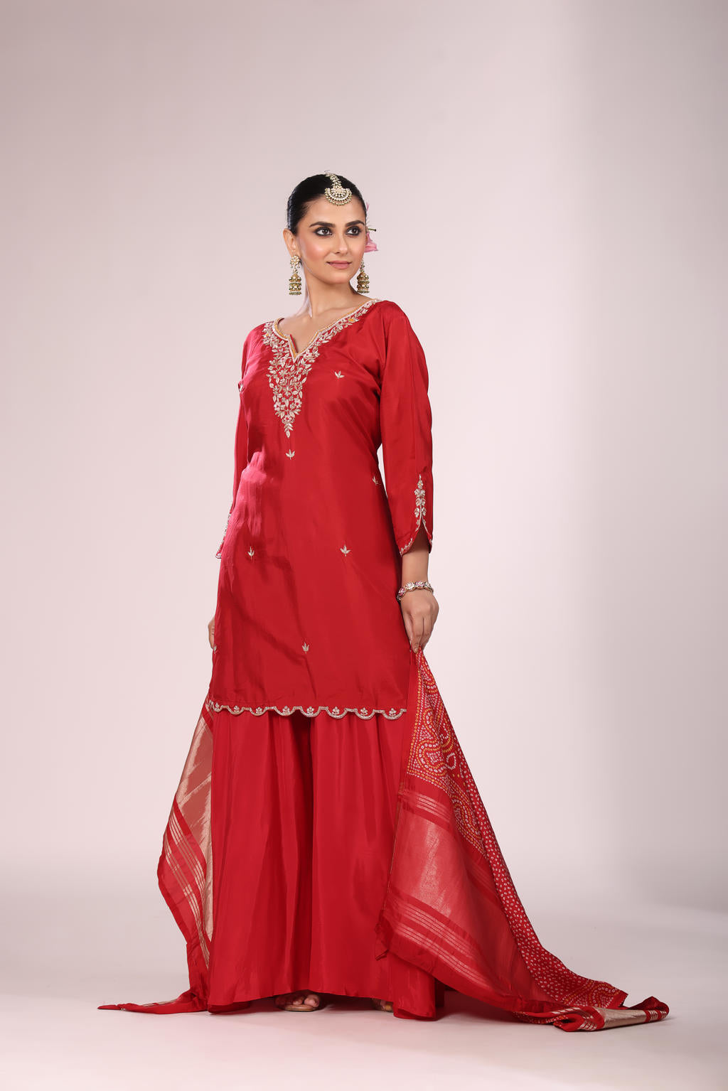 Bandhej Printed Silk Kurti Set with Sharara & Dupatta – Hand Embroidery, 3 Pc