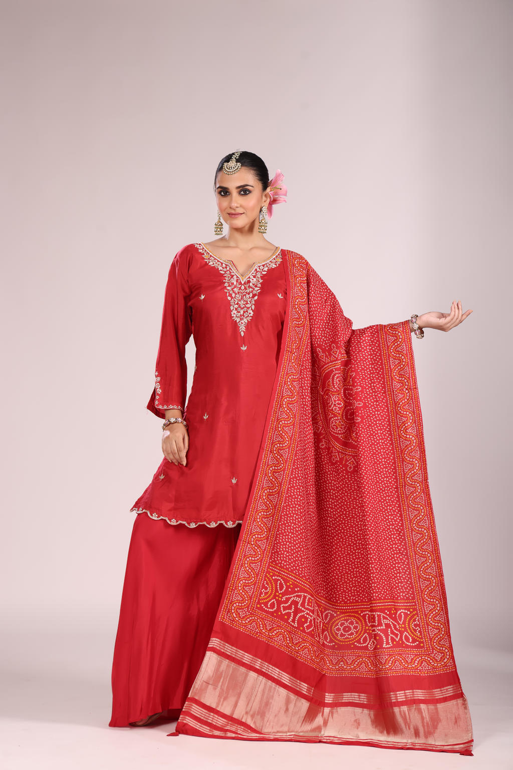 Bandhej Printed Silk Kurti Set with Sharara & Dupatta – Hand Embroidery, 3 Pc