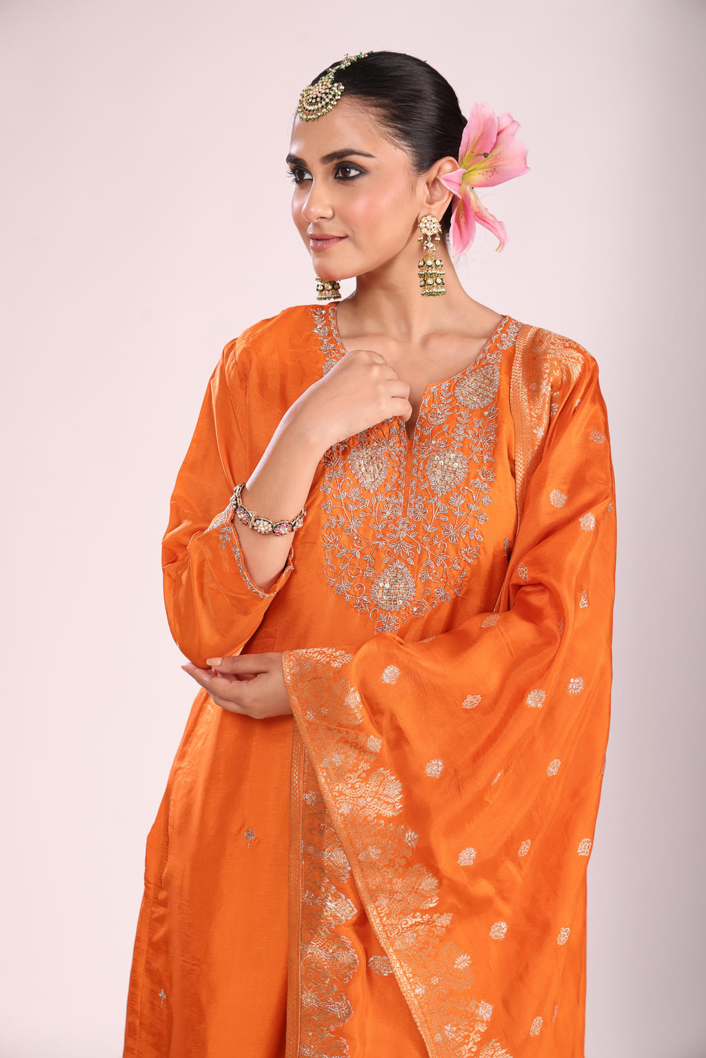 Banarasi Silk Kurti Set with Pant & Dupatta – Hand Embroidery, 3 Pc