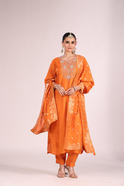 Banarasi Silk Kurti Set with Pant & Dupatta – Hand Embroidery, 3 Pc