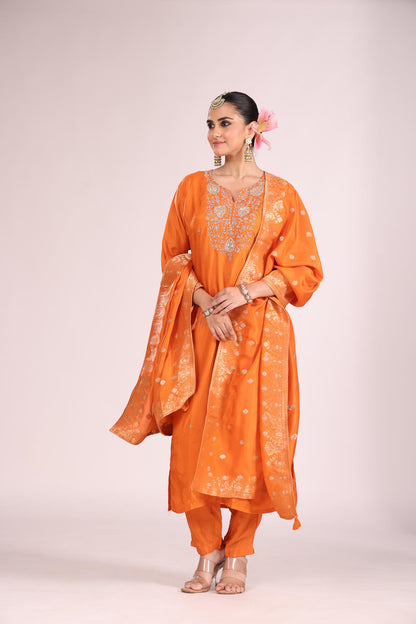 Banarasi Silk Kurti Set with Pant & Dupatta – Hand Embroidery, 3 Pc