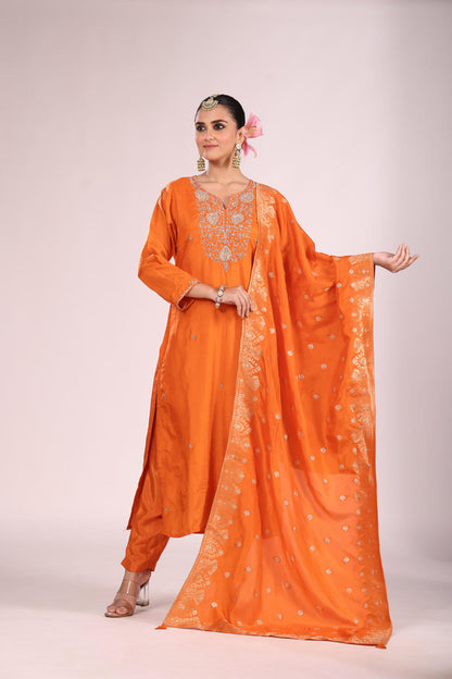 Banarasi Silk Kurti Set with Pant & Dupatta – Hand Embroidery, 3 Pc