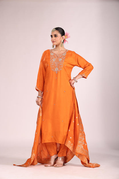 Banarasi Silk Kurti Set with Pant & Dupatta – Hand Embroidery, 3 Pc