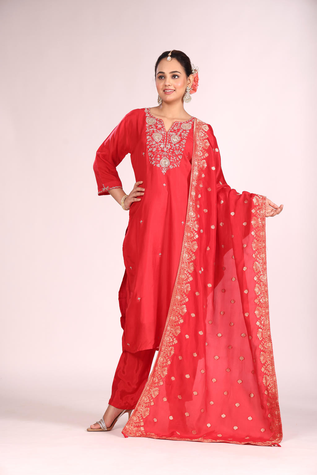 Banarasi Silk Kurti Set with Pant & Dupatta – Hand Embroidery, 3 Pc
