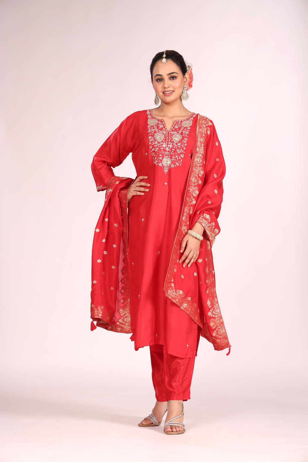 Banarasi Silk Kurti Set with Pant & Dupatta – Hand Embroidery, 3 Pc