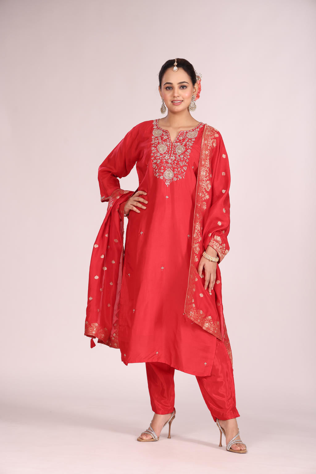 Banarasi Silk Kurti Set with Pant & Dupatta – Hand Embroidery, 3 Pc
