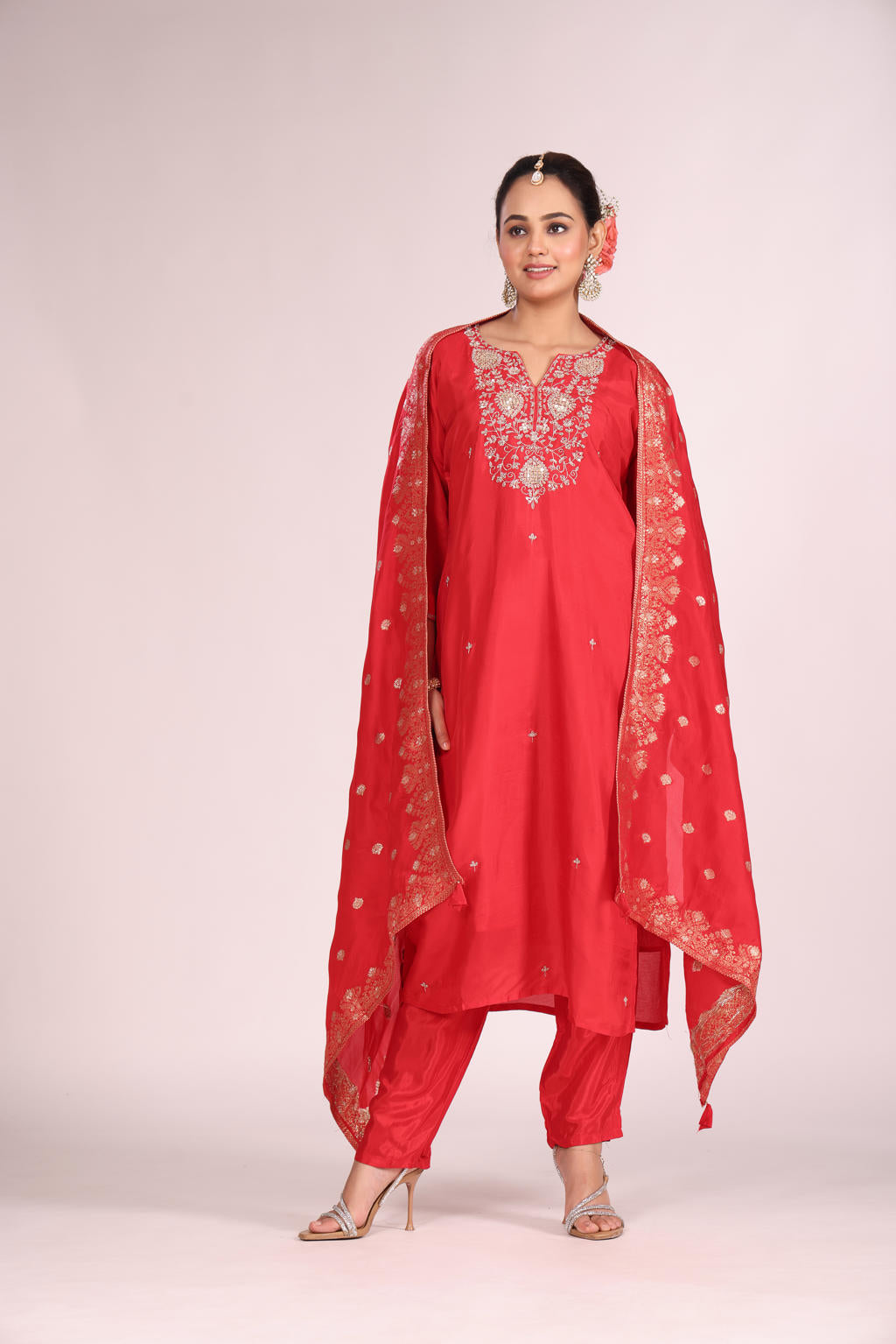 Banarasi Silk Kurti Set with Pant & Dupatta – Hand Embroidery, 3 Pc