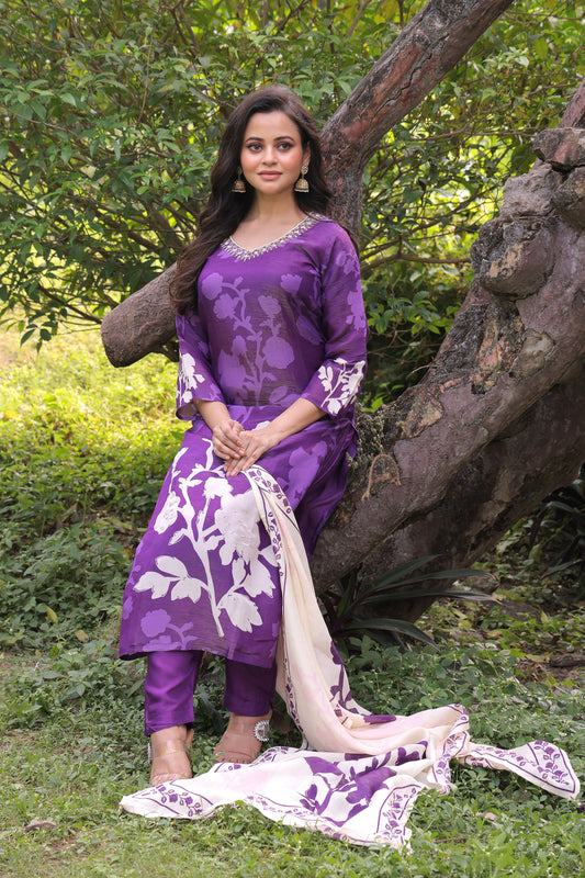 PF8506 - Purple , , Casual Wear Ethnic Clothing Festive Collection fresh Release Hand Embroidery Kurta Sets Organza Printed Silk Trending Collection