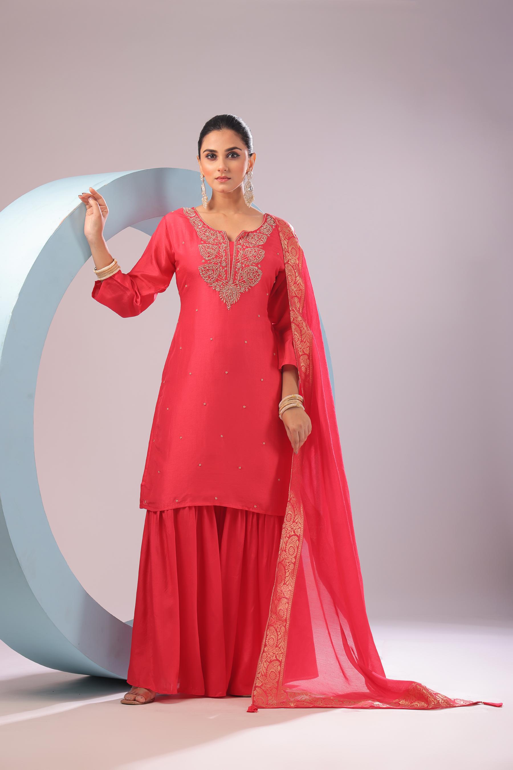 PF8511A - , , Ethnic Clothing Festive Collection fresh Release Hand Embroidery Kurta Sets Shararas Silk