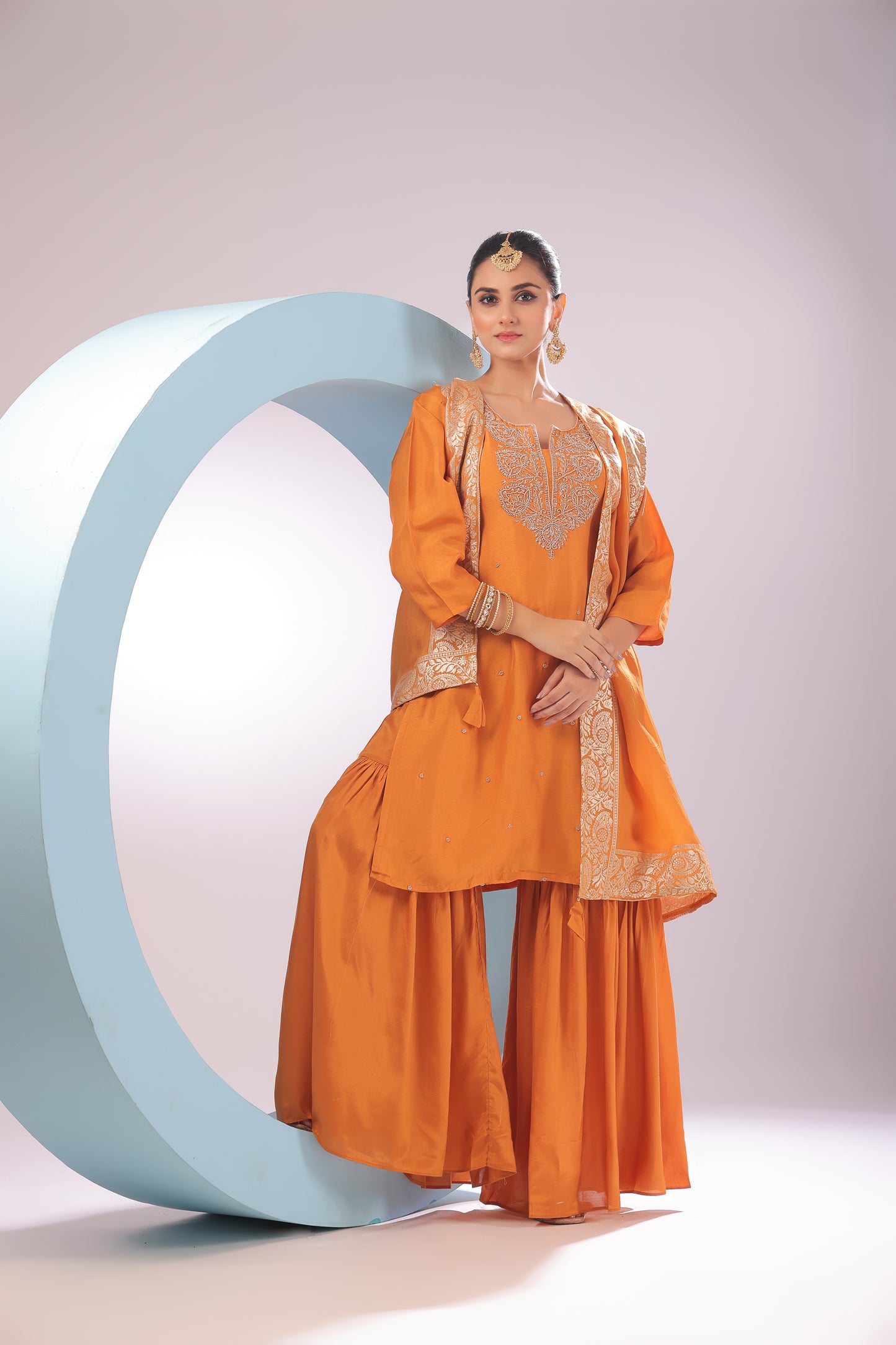 PF8511A - Orange , , Ethnic Clothing Festive Collection fresh Release Hand Embroidery Kurta Sets Shararas Silk