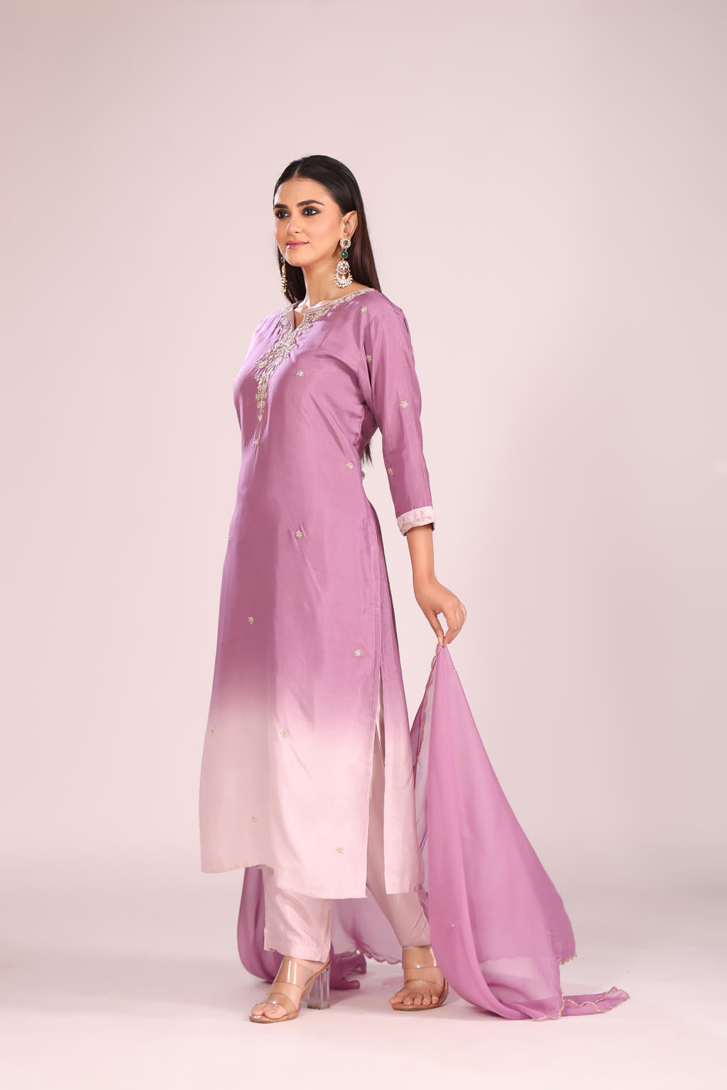 Mauve Tie-Dye Silk Kurti Set with Pant & Dupatta – Hand Embroidery, 3 Pc