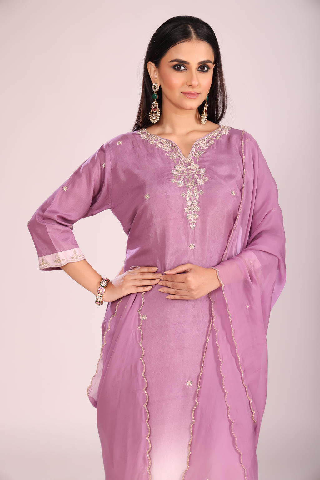 Mauve Tie-Dye Silk Kurti Set with Pant & Dupatta – Hand Embroidery, 3 Pc