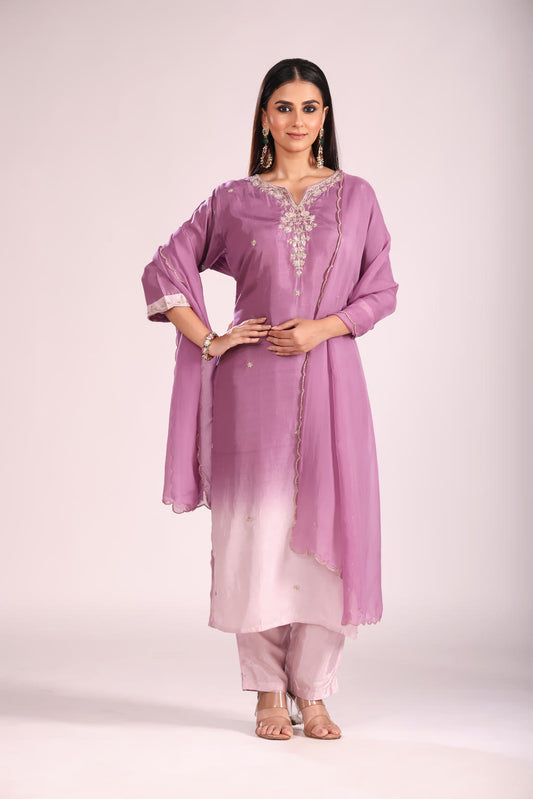 Mauve Tie-Dye Silk Kurti Set with Pant & Dupatta – Hand Embroidery, 3 Pc
