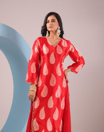 PF8542 Red Ethnic Clothing Festive Collection fresh Release Hand Embroidery Kurta Sets Organza Printed Silk