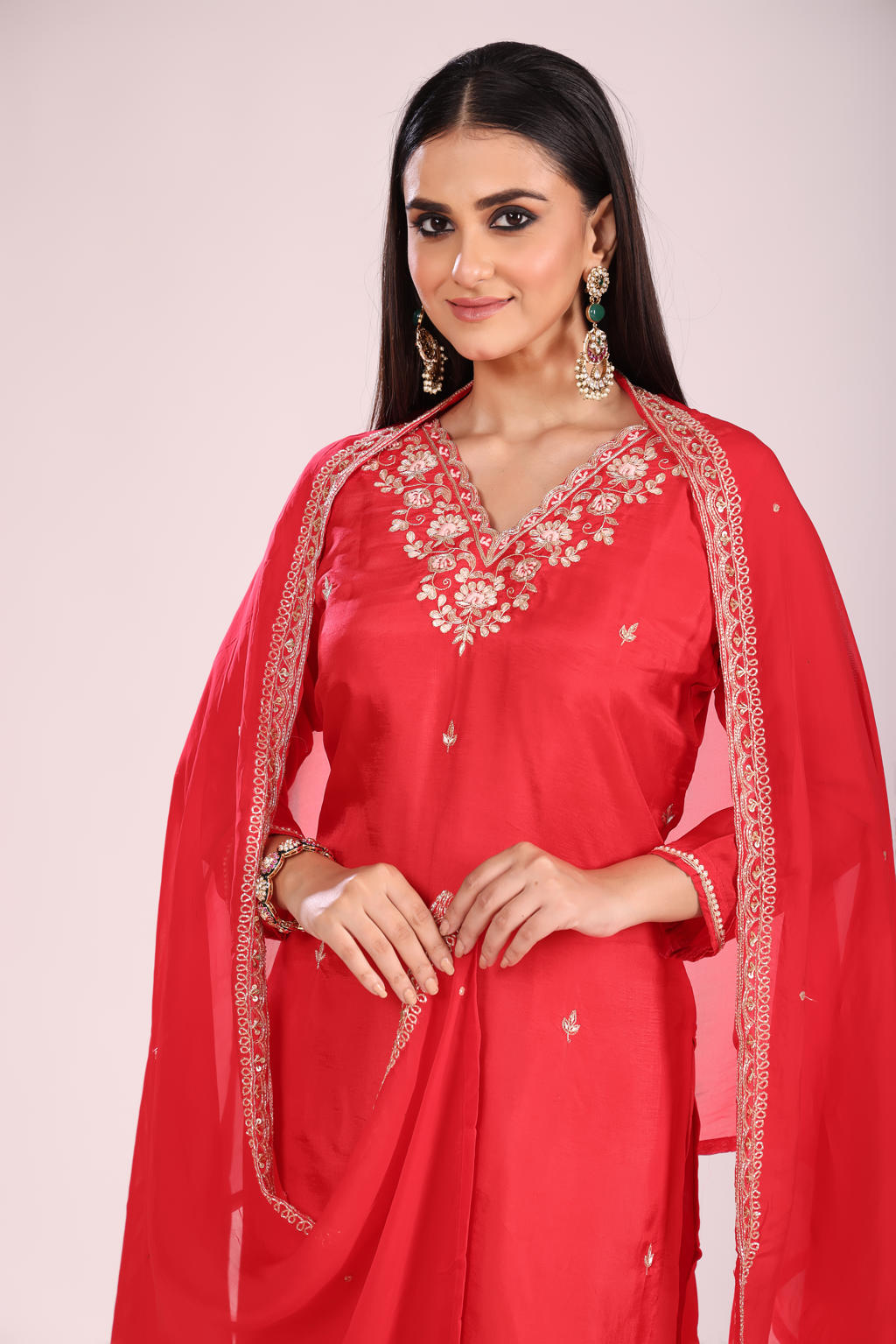 Cherry Silk Kurti Set with Pant & Dupatta – Hand Embroidery, 3 Pc