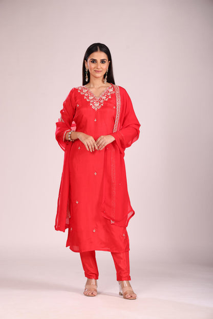 Cherry Silk Kurti Set with Pant & Dupatta – Hand Embroidery, 3 Pc