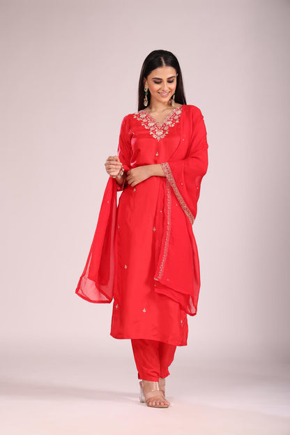 Cherry Silk Kurti Set with Pant & Dupatta – Hand Embroidery, 3 Pc