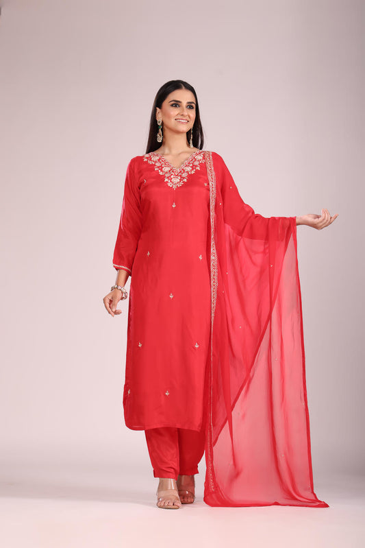Cherry Silk Kurti Set with Pant & Dupatta – Hand Embroidery, 3 Pc